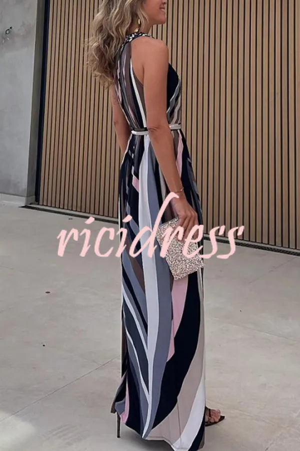 Flowing Elegance Colored Lines Printed Belt Halter Maxi Dress