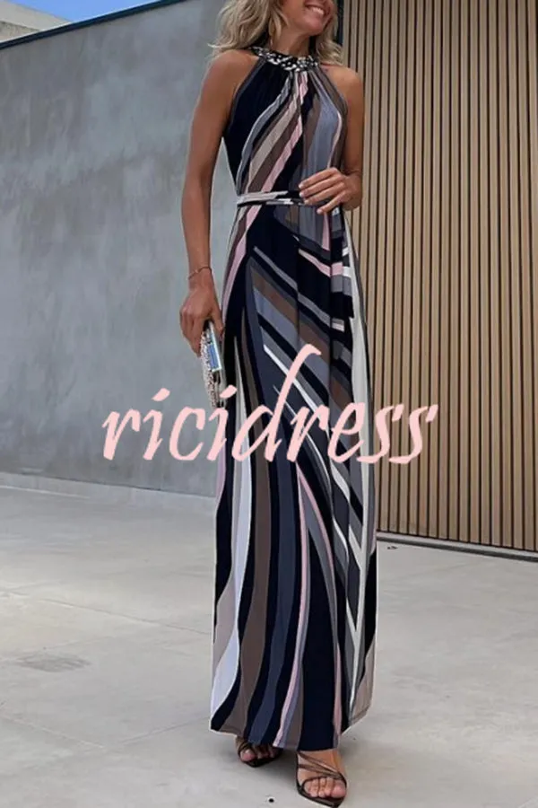 Flowing Elegance Colored Lines Printed Belt Halter Maxi Dress