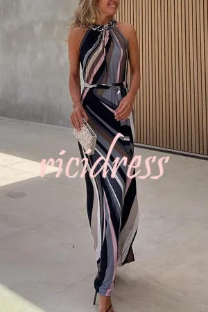 Flowing Elegance Colored Lines Printed Belt Halter Maxi Dress