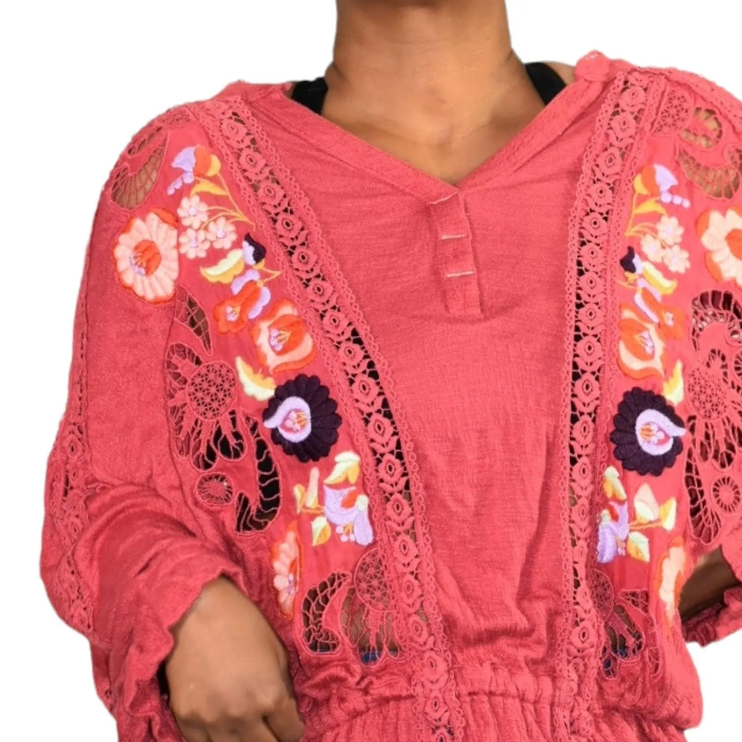 Free People Top Serafina Red Embroidered Oversized Blouse Long Sleeve Size Small
