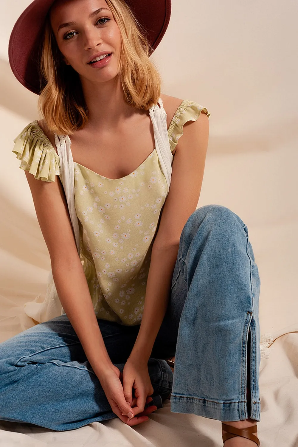 Frill strap cami top in green ditsy floral print