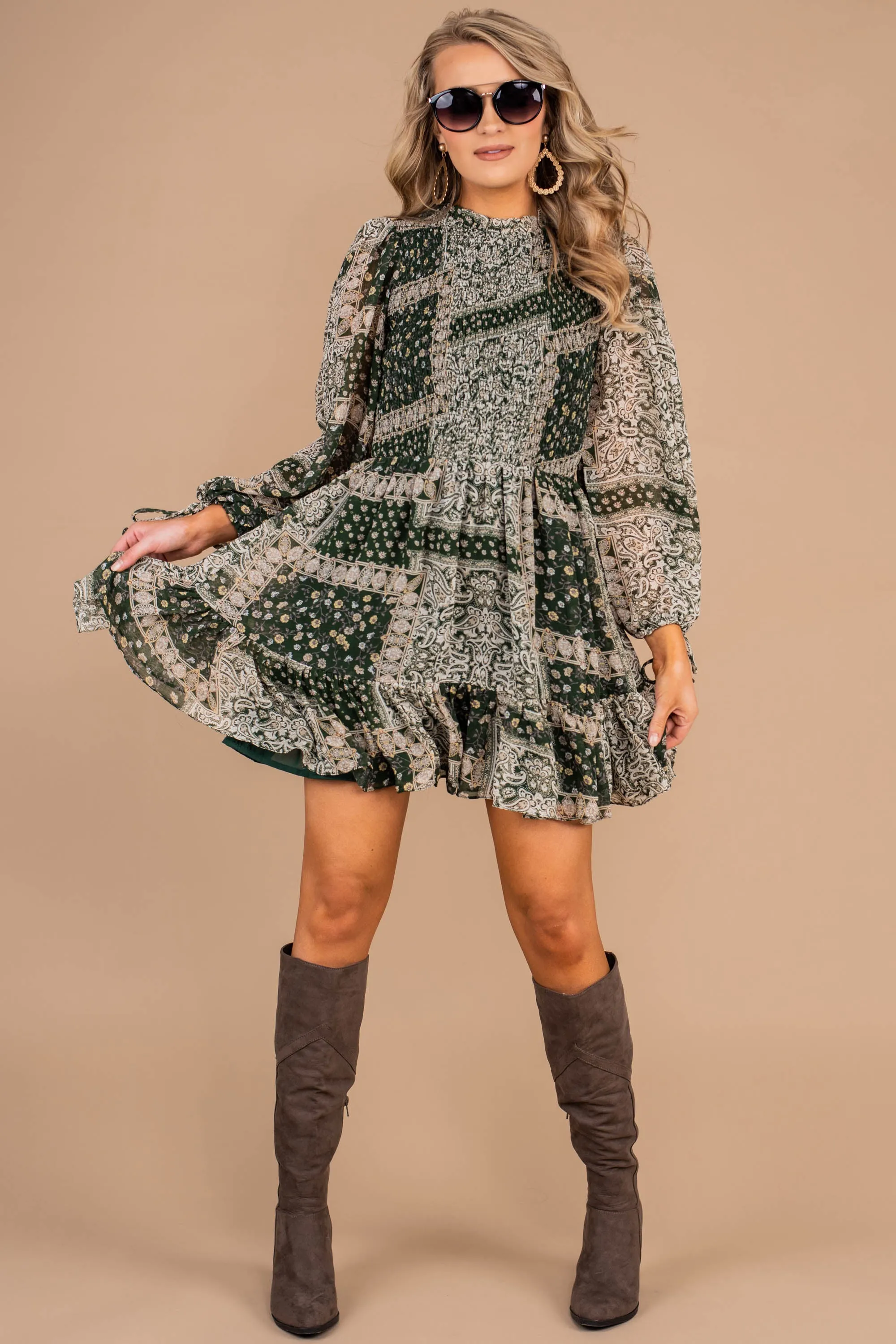 Girl About Town Forest Green Peasant Dress