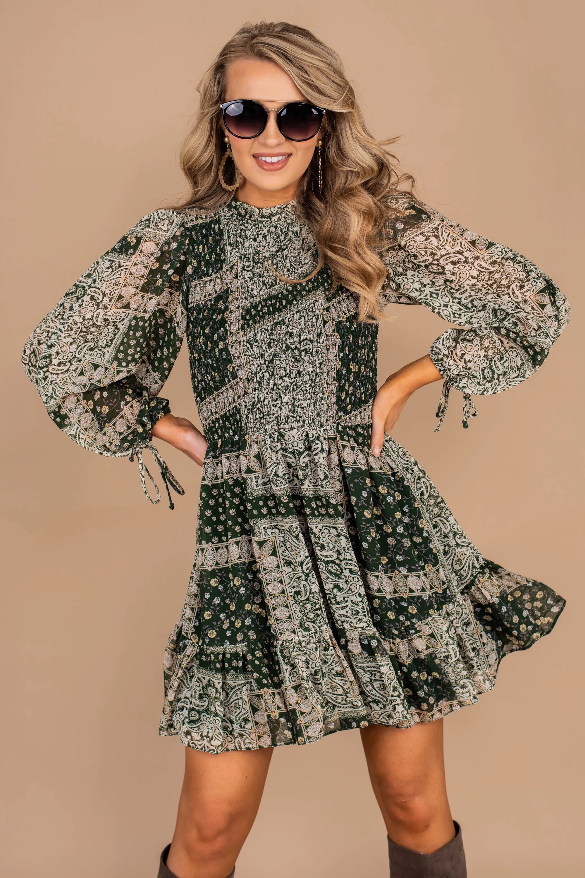 Girl About Town Forest Green Peasant Dress