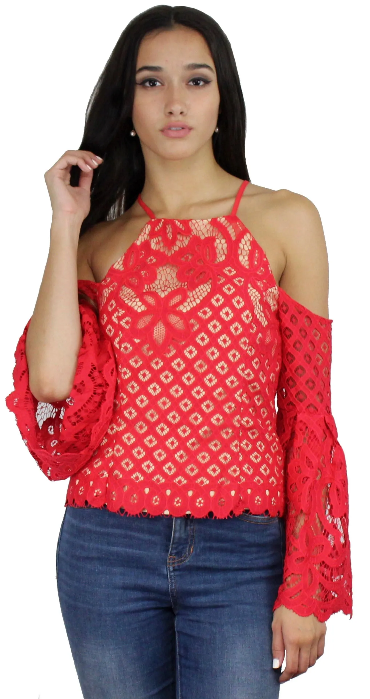 Good Day Red Lace Off-the-Shoulder Top