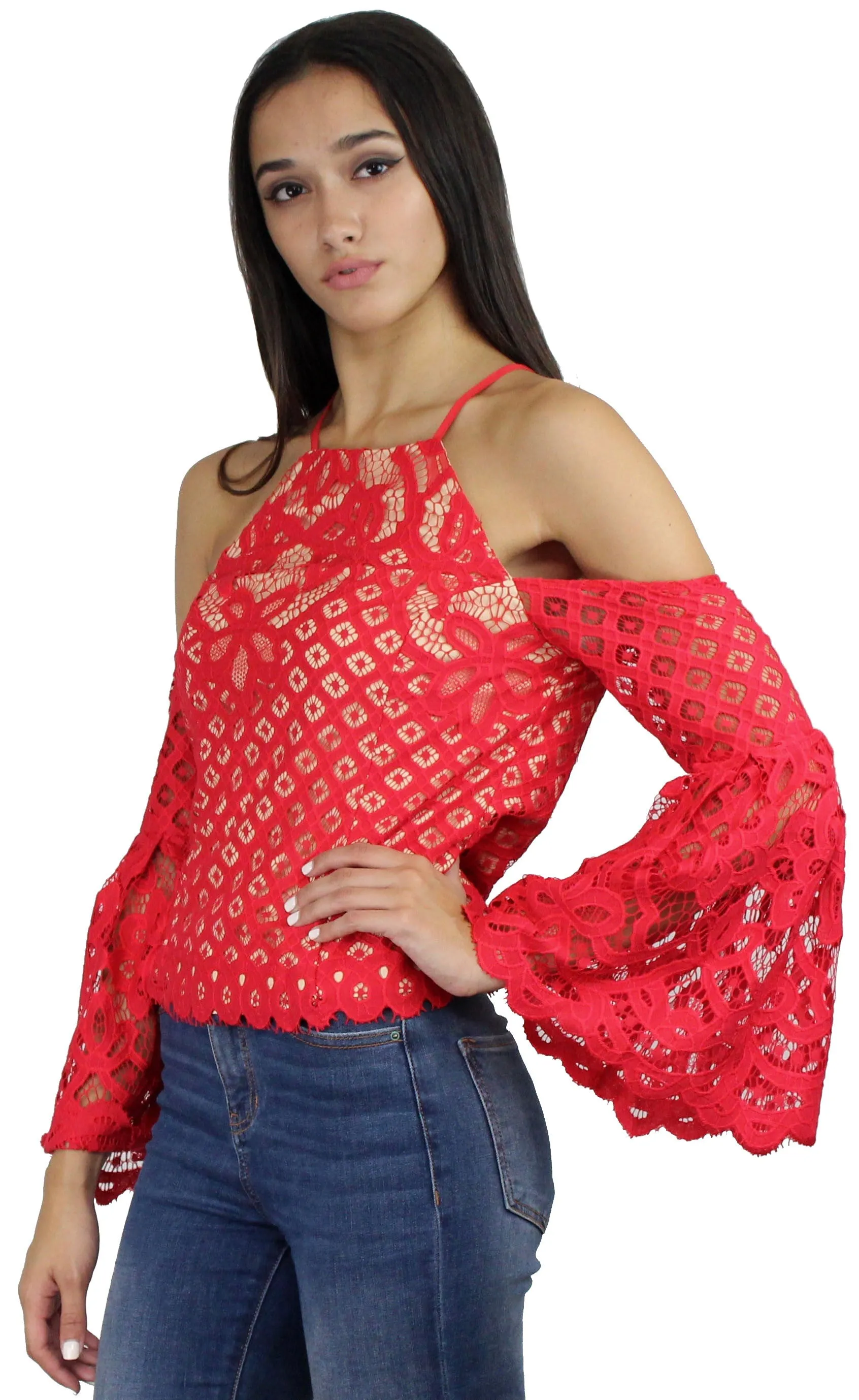 Good Day Red Lace Off-the-Shoulder Top