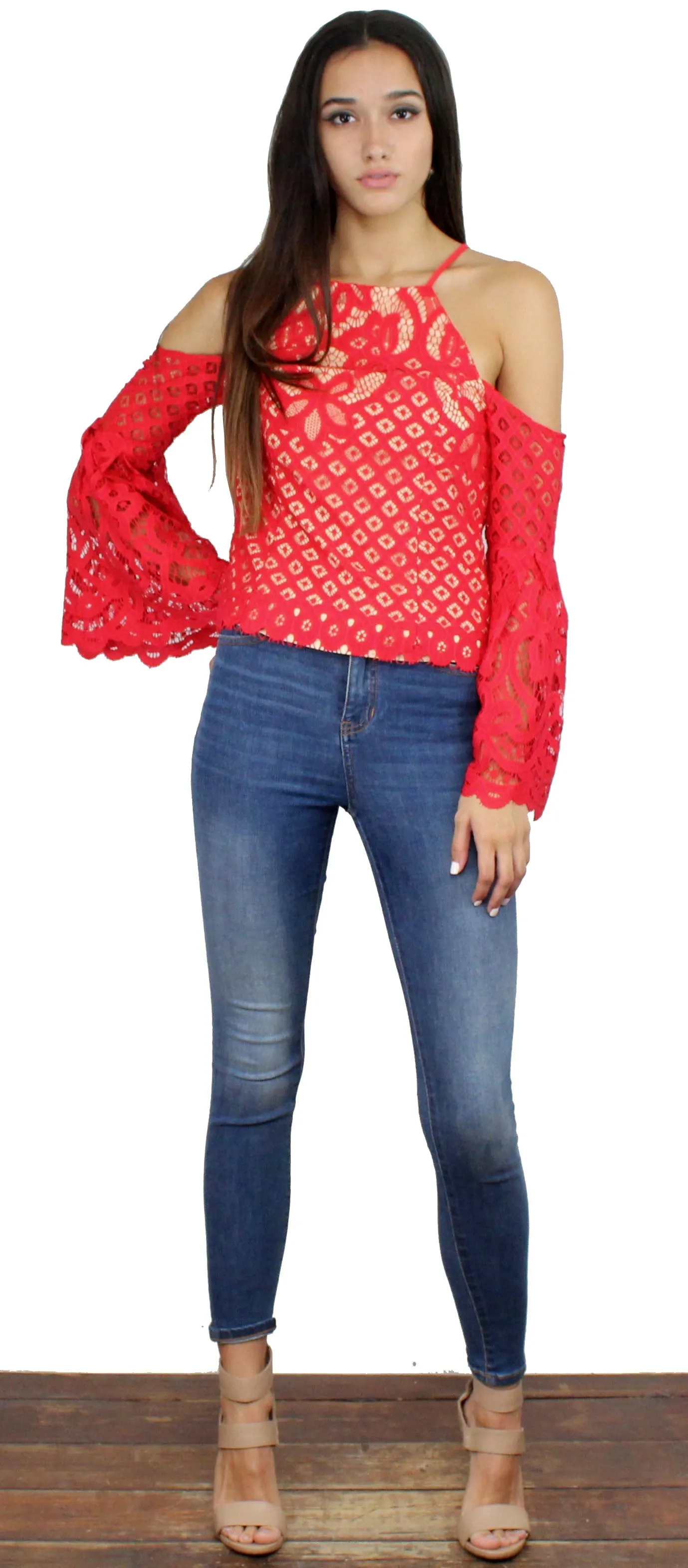 Good Day Red Lace Off-the-Shoulder Top