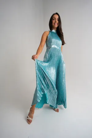 Grace Pleated Dress In Turquoise