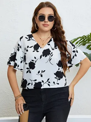 Graceful Flutter Sleeve Plus Size Floral Blouse