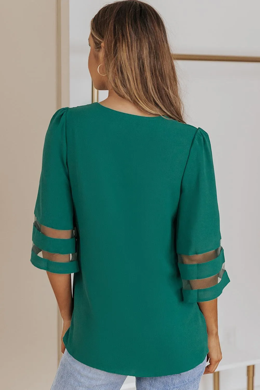 Graceful Mesh Flare Sleeve Green V Neck Blouse