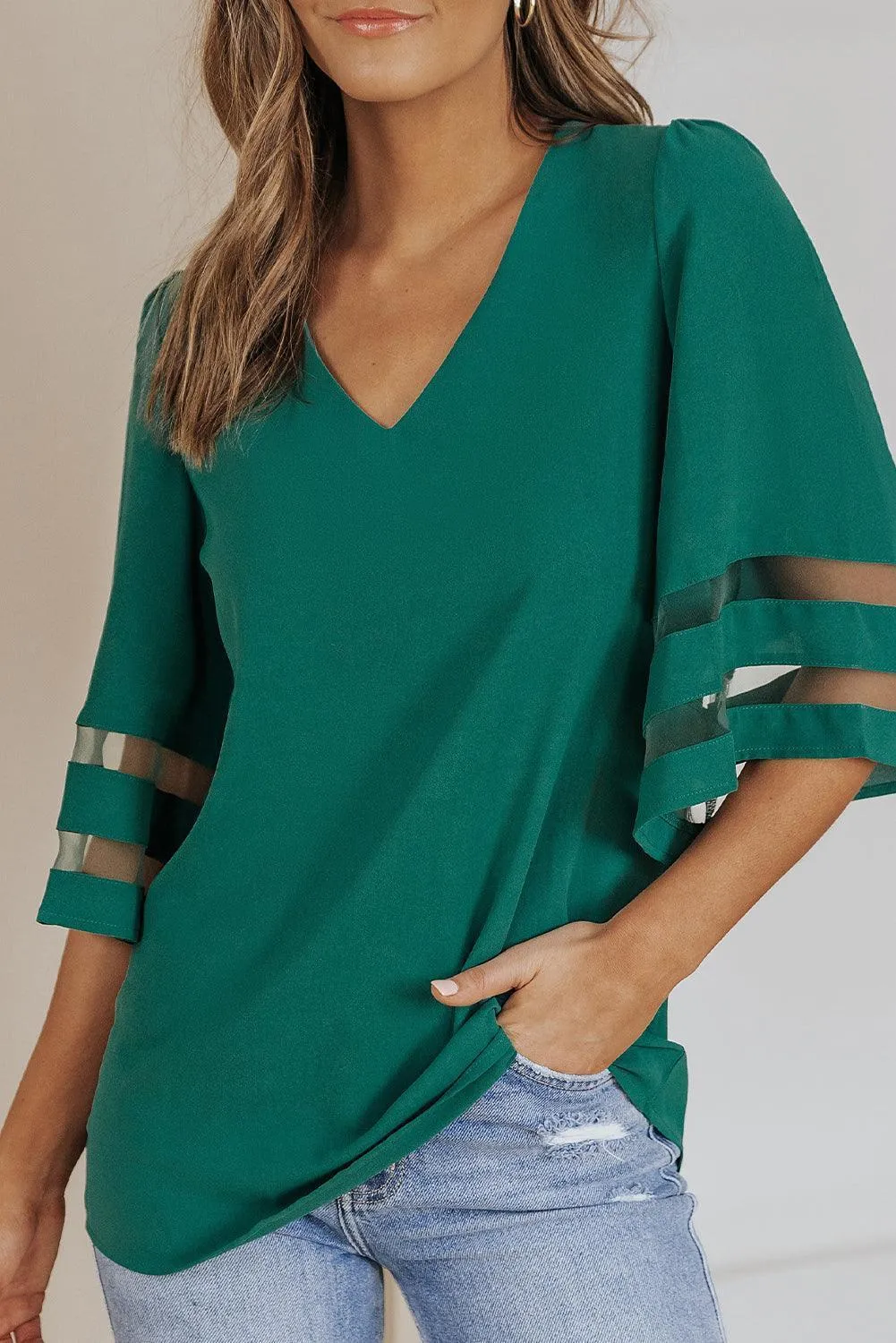 Graceful Mesh Flare Sleeve Green V Neck Blouse
