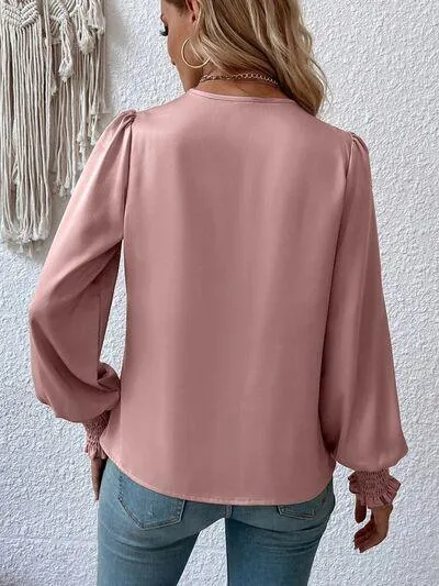 Graceful Surplice Smocked Lantern Sleeve Blouse