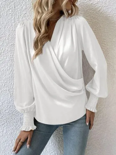 Graceful Surplice Smocked Lantern Sleeve Blouse