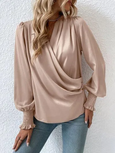 Graceful Surplice Smocked Lantern Sleeve Blouse