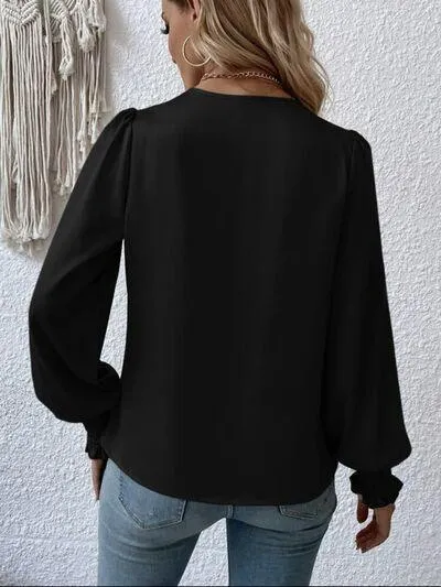 Graceful Surplice Smocked Lantern Sleeve Blouse