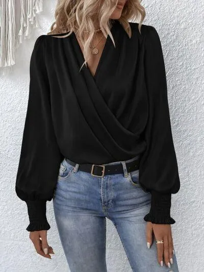 Graceful Surplice Smocked Lantern Sleeve Blouse