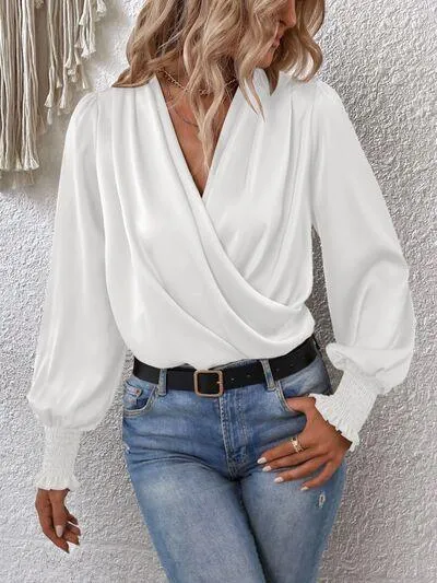 Graceful Surplice Smocked Lantern Sleeve Blouse