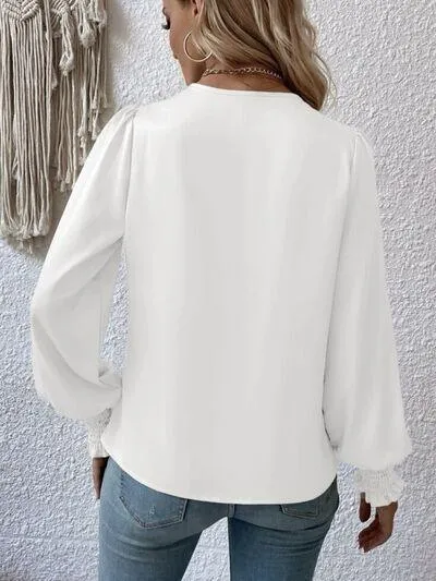 Graceful Surplice Smocked Lantern Sleeve Blouse