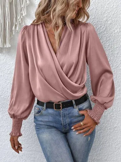 Graceful Surplice Smocked Lantern Sleeve Blouse