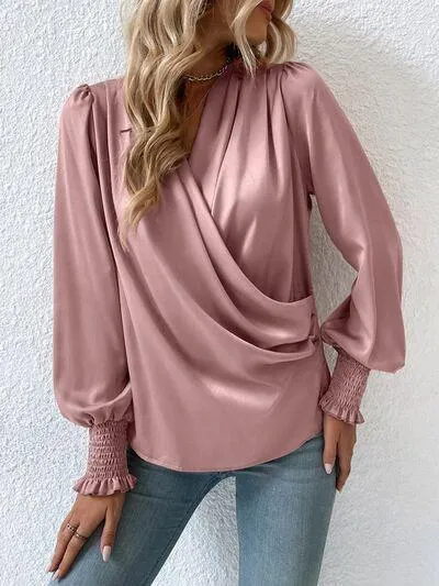 Graceful Surplice Smocked Lantern Sleeve Blouse