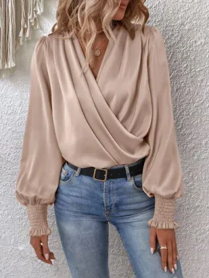 Graceful Surplice Smocked Lantern Sleeve Blouse