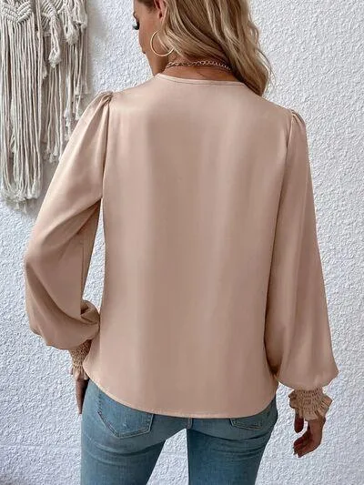 Graceful Surplice Smocked Lantern Sleeve Blouse