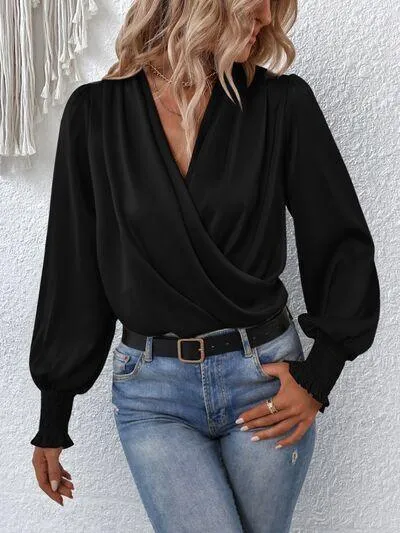 Graceful Surplice Smocked Lantern Sleeve Blouse