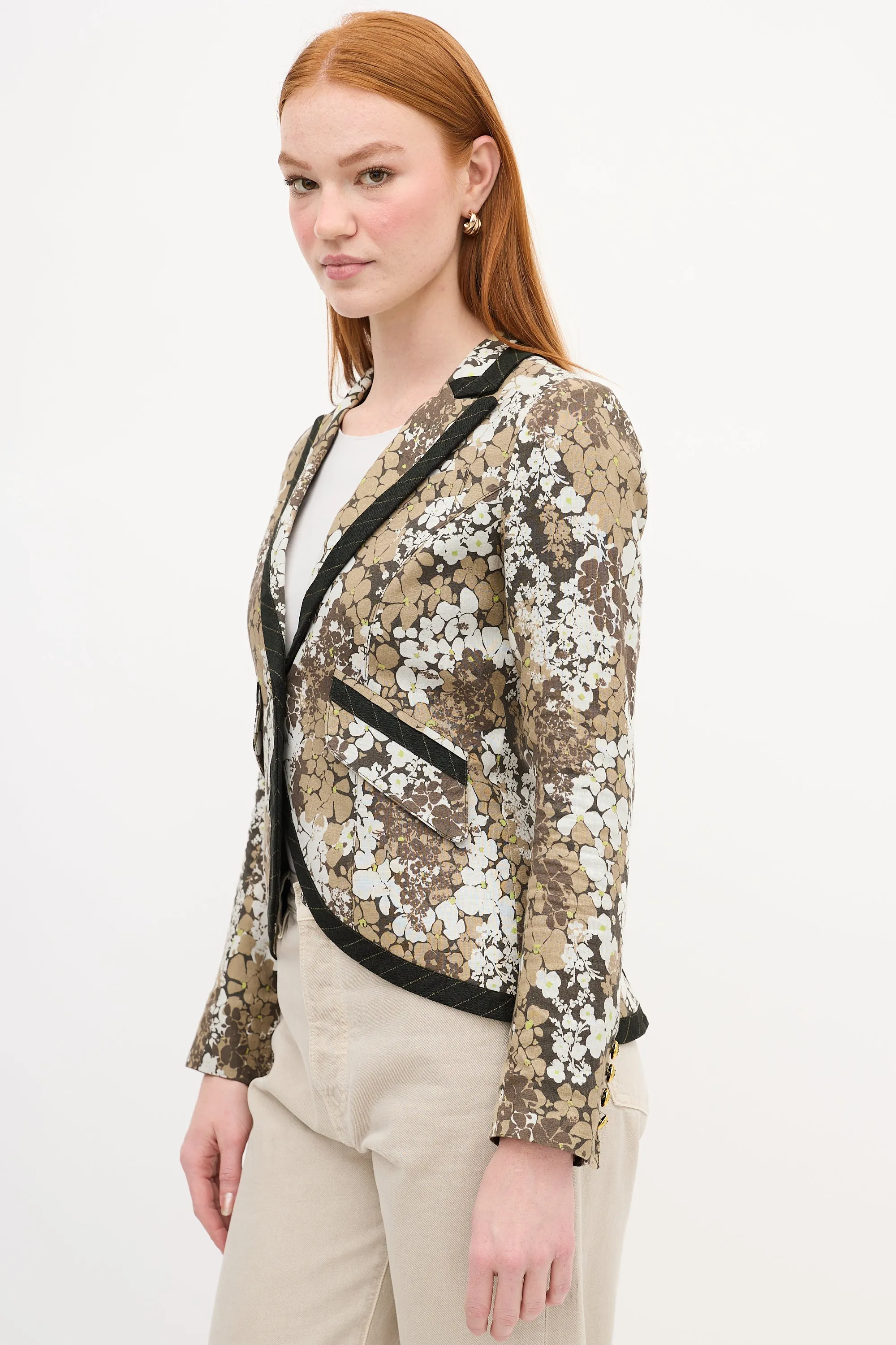 Green & White Linen Floral Blazer