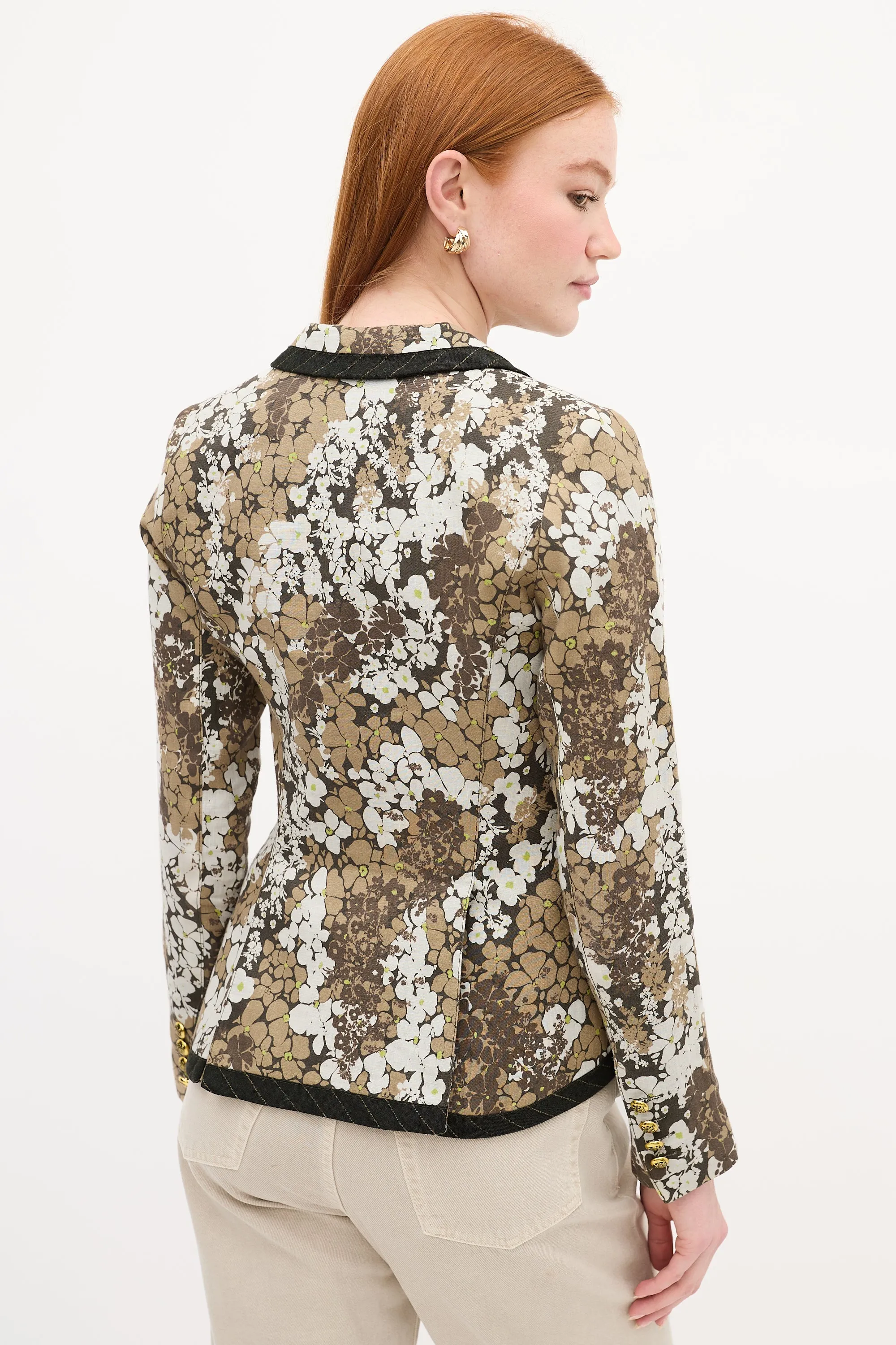 Green & White Linen Floral Blazer