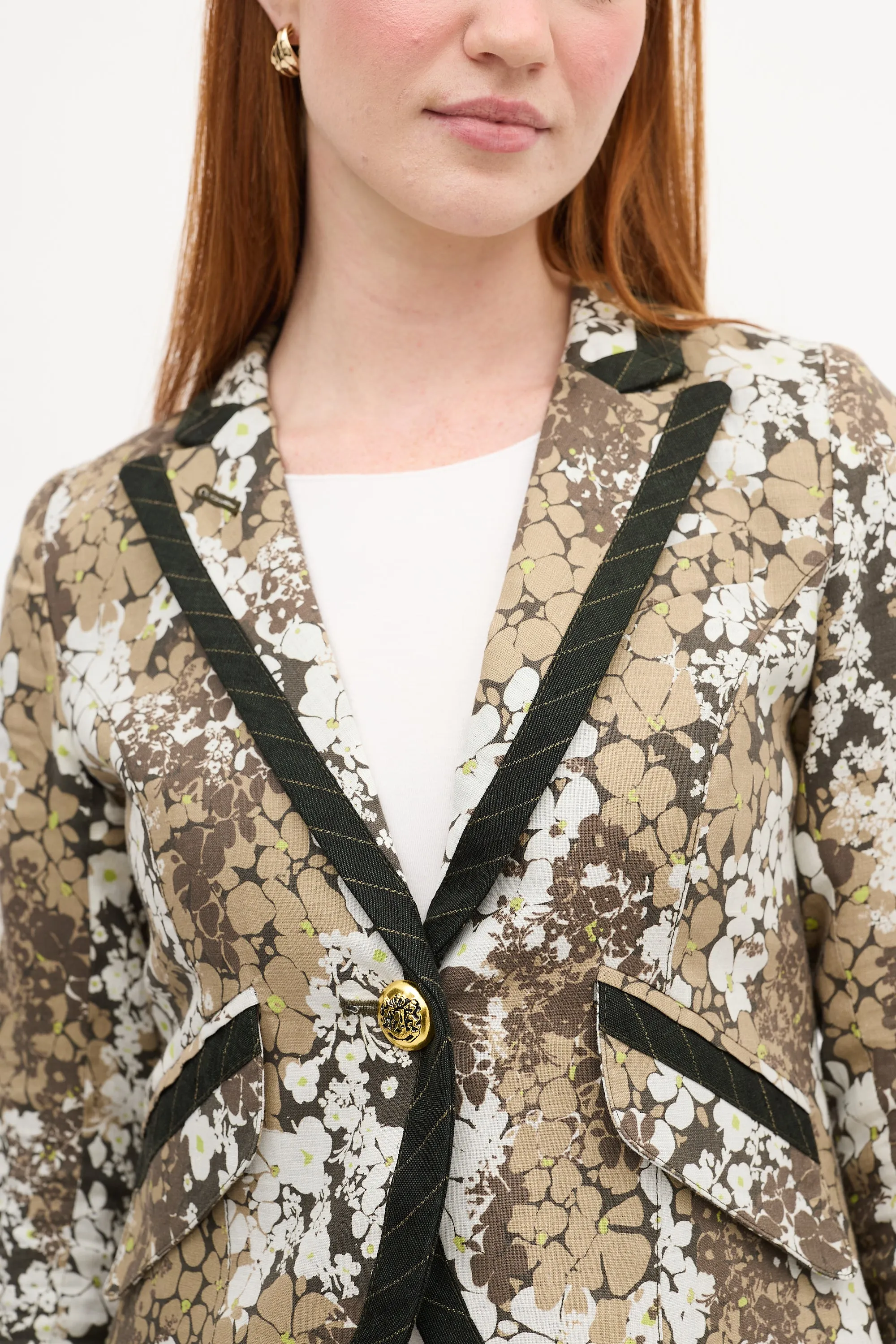 Green & White Linen Floral Blazer