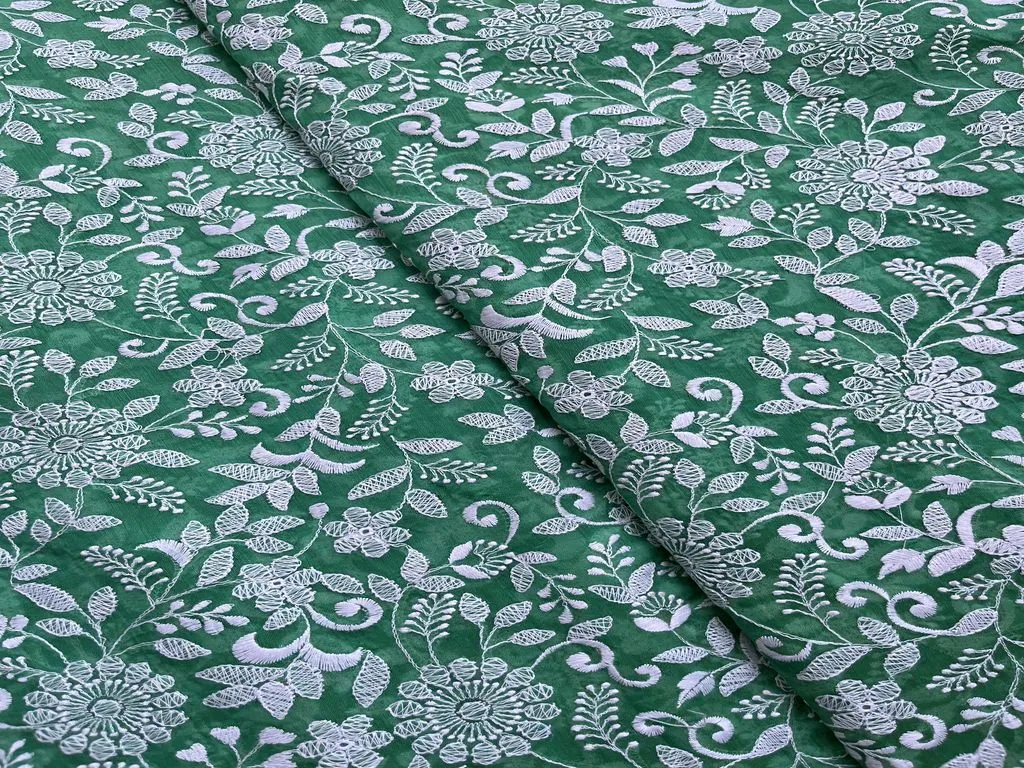 Green Floral Chikankari Embroidered Chanderi Fabric (Wholesale)