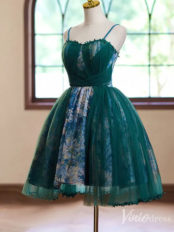 Green Jacquard Satin Homecoming Dress Spaghetti Strap Hoco 2024 Back to School Dress 8010