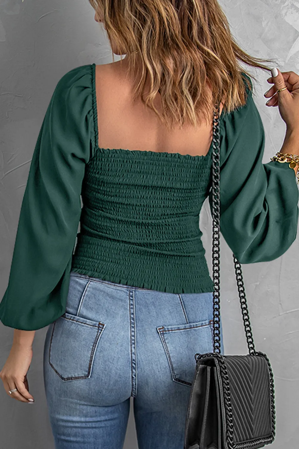 Green Square Neck Smocked Top