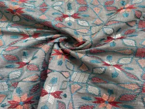 Grey Floral Kantha Work Embroidered Chanderi Fabric (wholesale)
