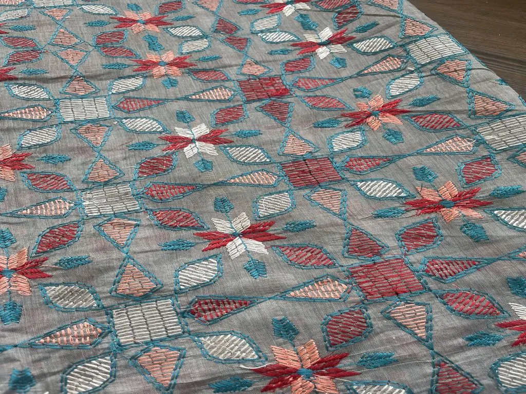 Grey Floral Kantha Work Embroidered Chanderi Fabric (wholesale)