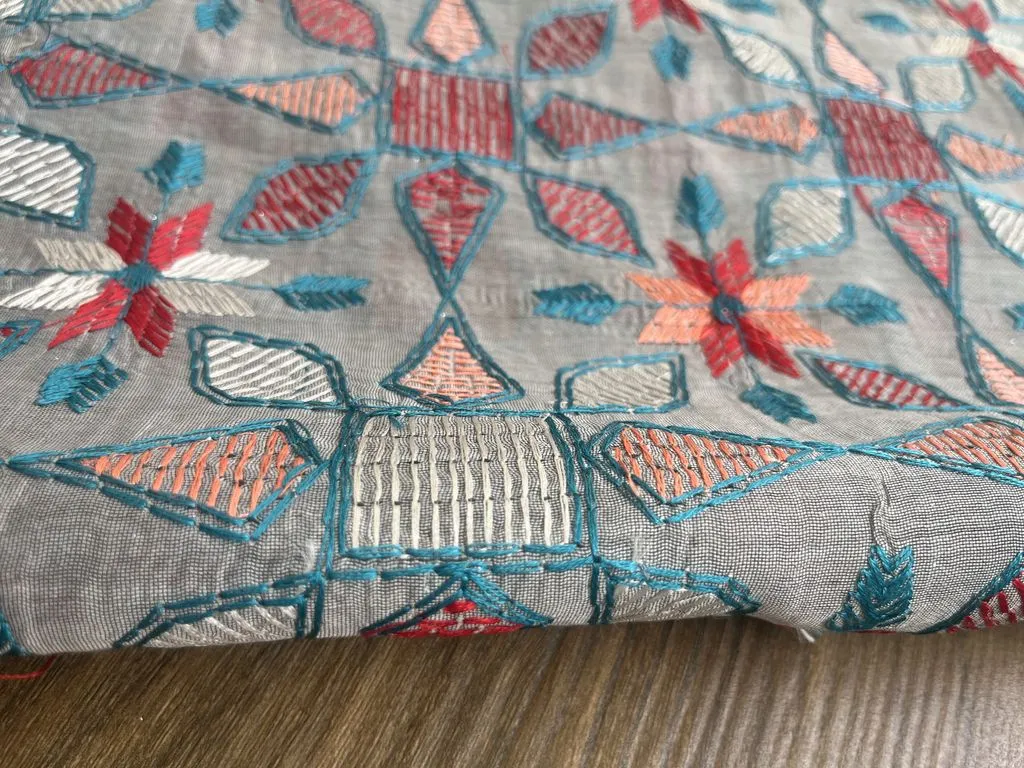 Grey Floral Kantha Work Embroidered Chanderi Fabric (wholesale)