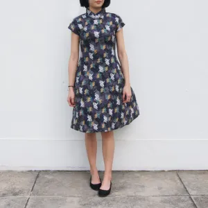 'Grey Multi-Leaves' Printed Qipao Dress