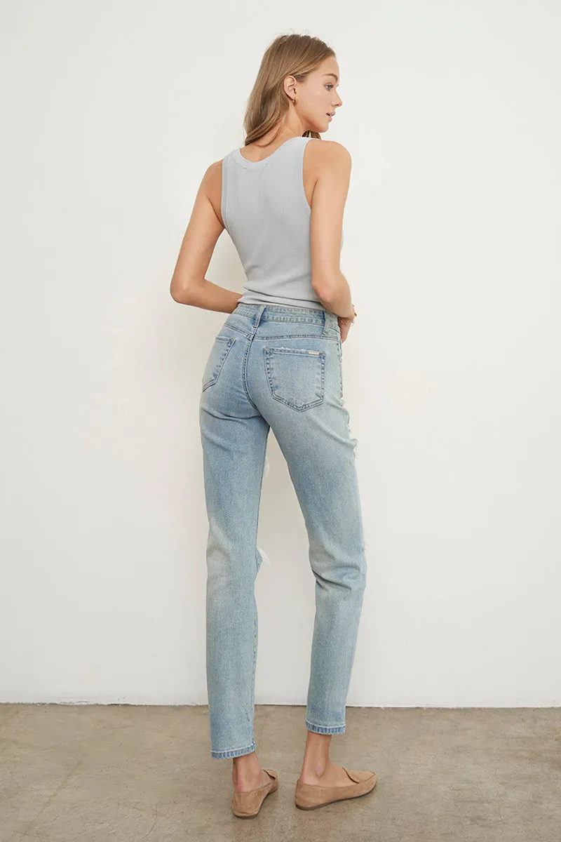 Holly Asymmetric Ripped Mid Rise Boyfriend Jeans