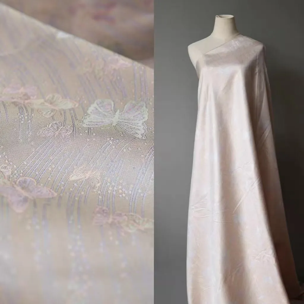 Iridescent Silk Brocade with Butterfly Pattern in Soft Beige