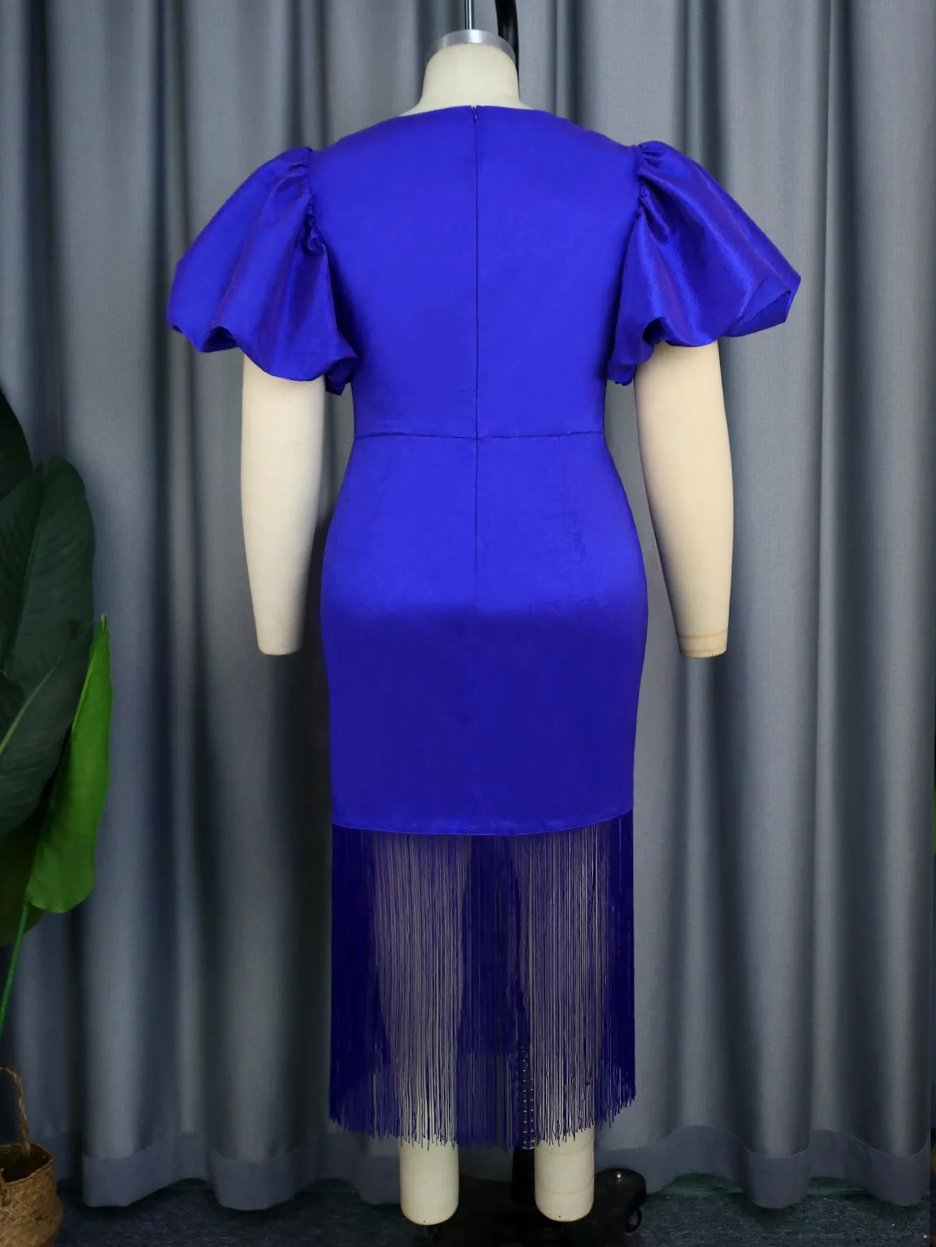 Irregular Lantern Sleeve Fashion Rhinestones and Tassel Details Dress