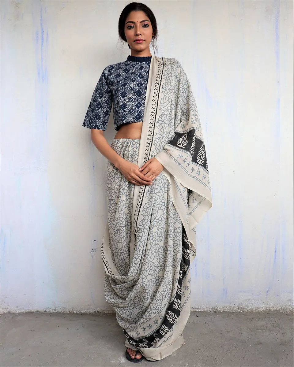 Ivory Black Border Block Printed Cotton Mul Saree - God