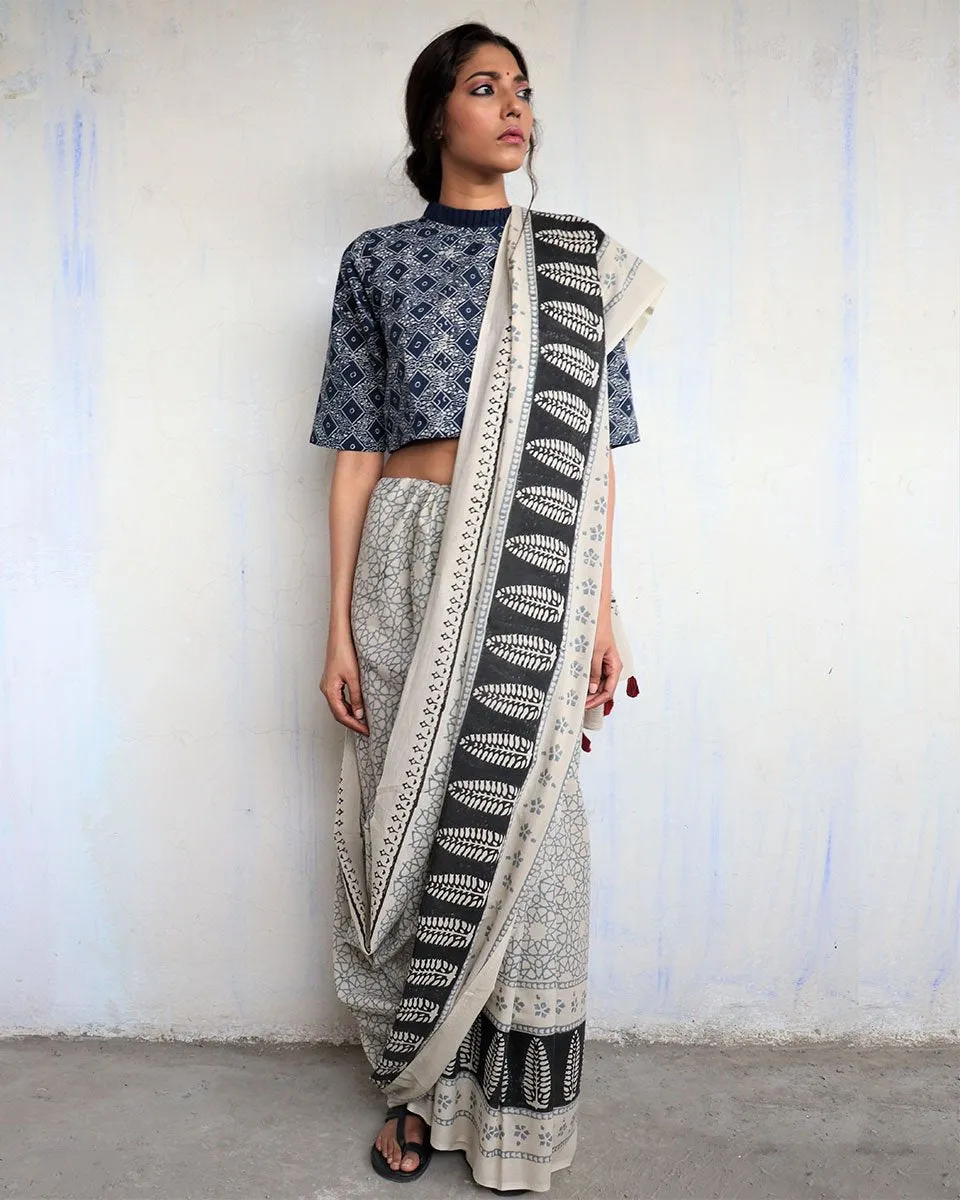 Ivory Black Border Block Printed Cotton Mul Saree - God