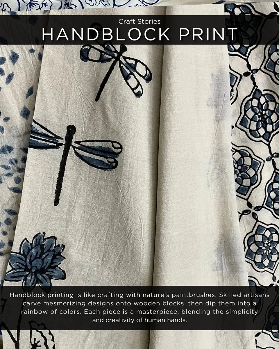 Ivory Black Dragonfly Block Printed Cotton Mul Saree -God