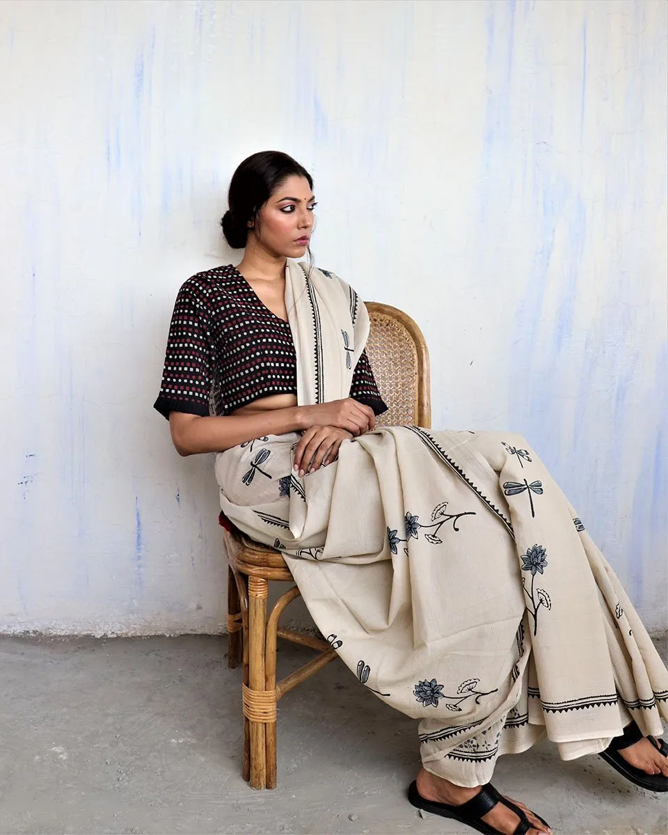 Ivory Black Dragonfly Block Printed Cotton Mul Saree -God