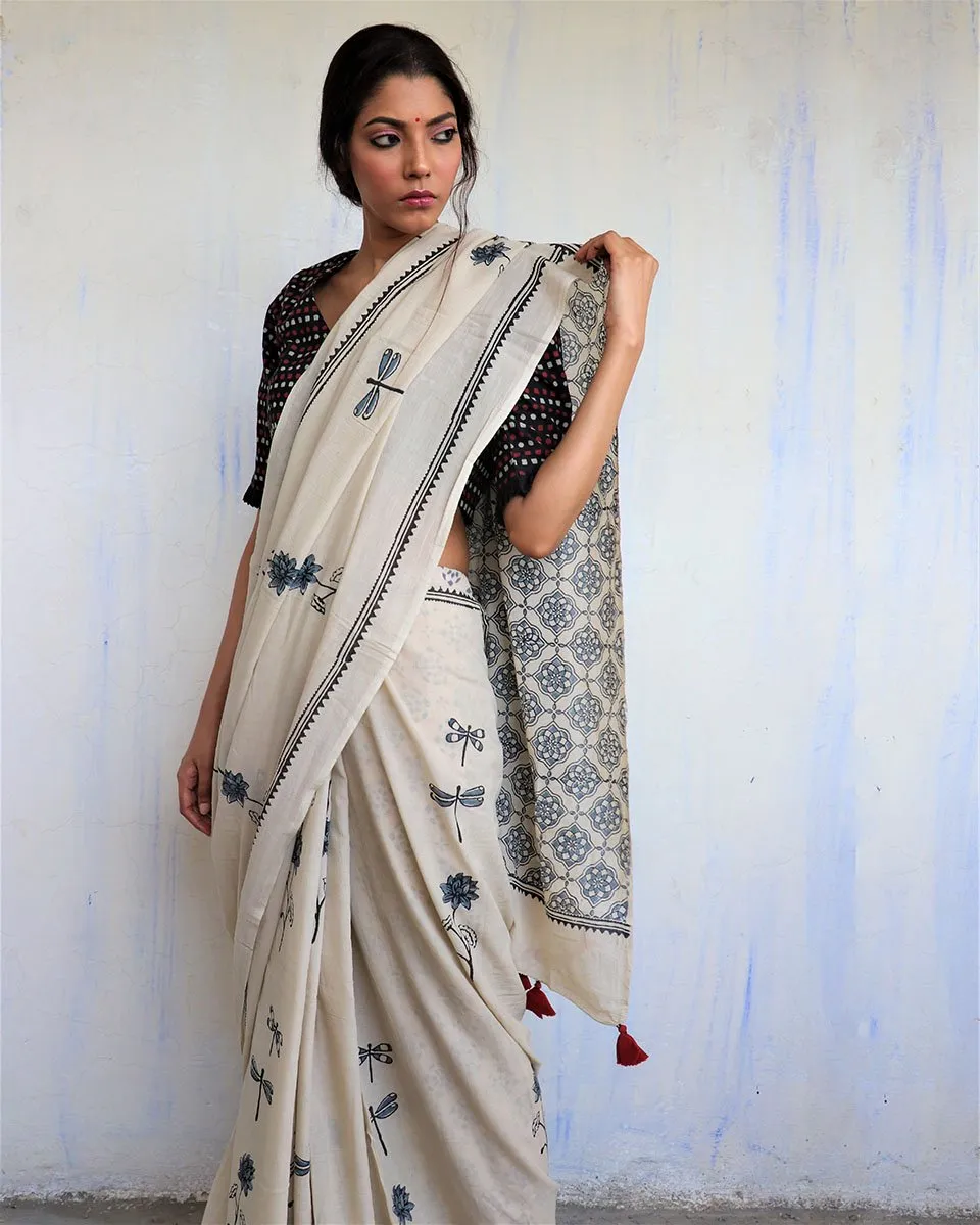 Ivory Black Dragonfly Block Printed Cotton Mul Saree -God