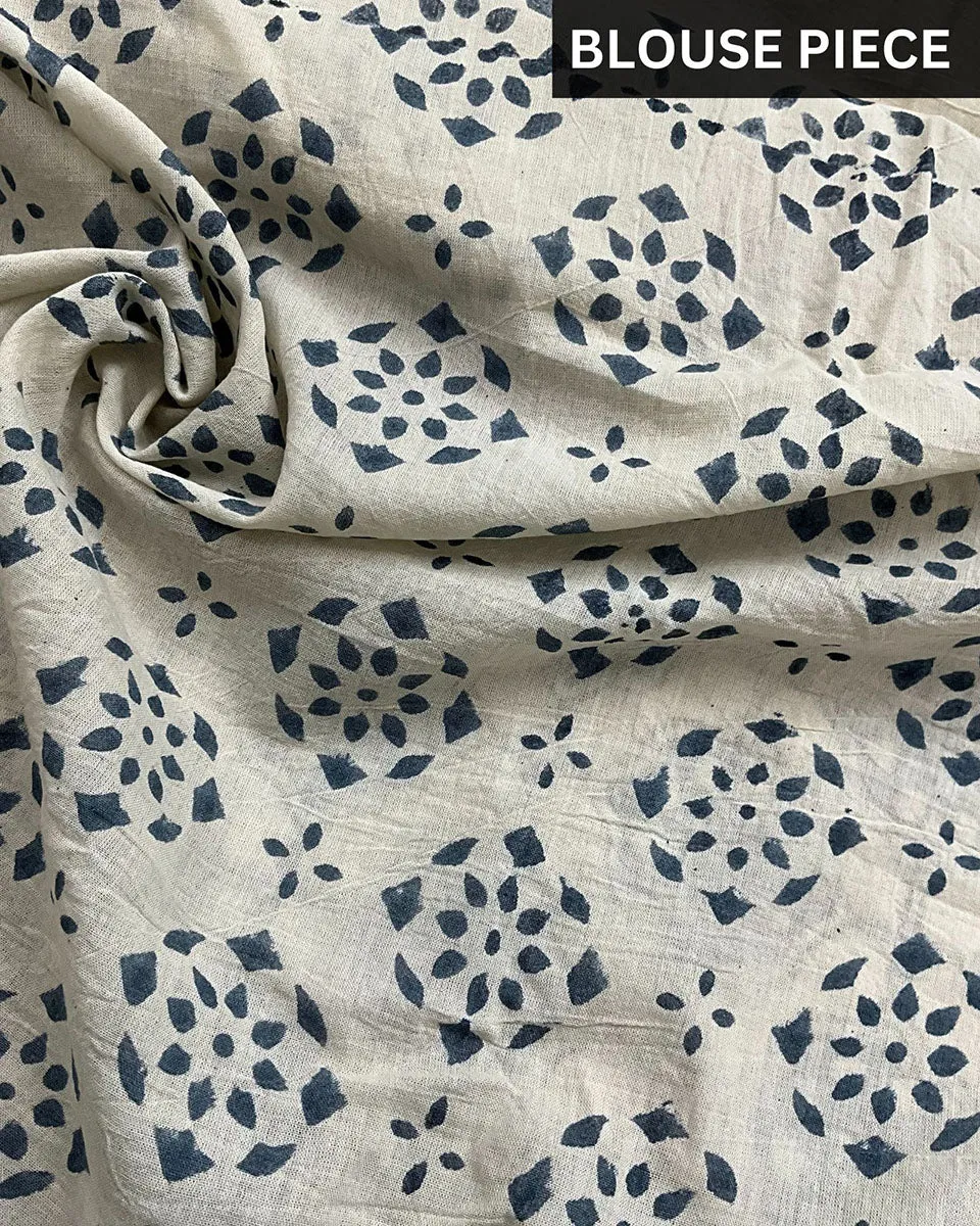 Ivory Black Dragonfly Block Printed Cotton Mul Saree -God