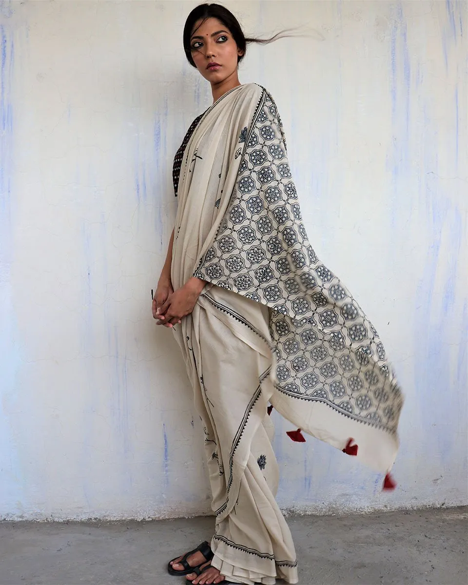 Ivory Black Dragonfly Block Printed Cotton Mul Saree -God