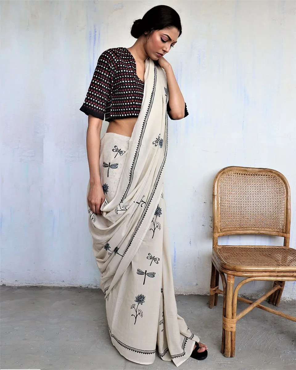 Ivory Black Dragonfly Block Printed Cotton Mul Saree -God