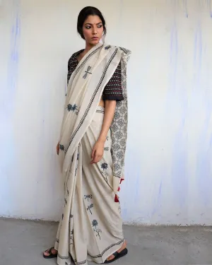 Ivory Black Dragonfly Block Printed Cotton Mul Saree -God
