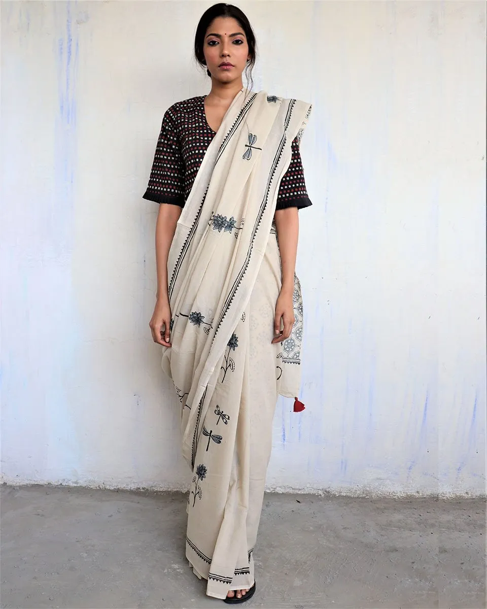 Ivory Black Dragonfly Block Printed Cotton Mul Saree -God