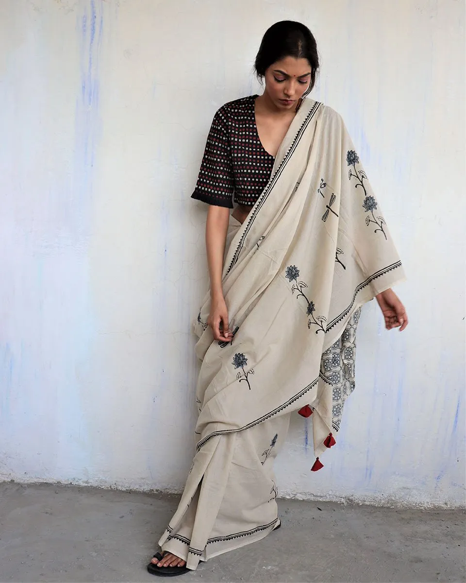 Ivory Black Dragonfly Block Printed Cotton Mul Saree -God
